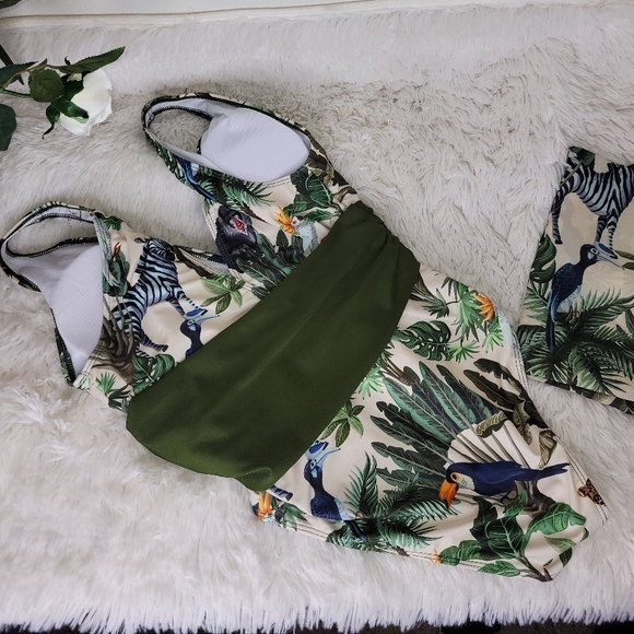 IDOPIP Tropical Print Green and Beige SWIMSUIT with sarong. - Picture 11 of 16